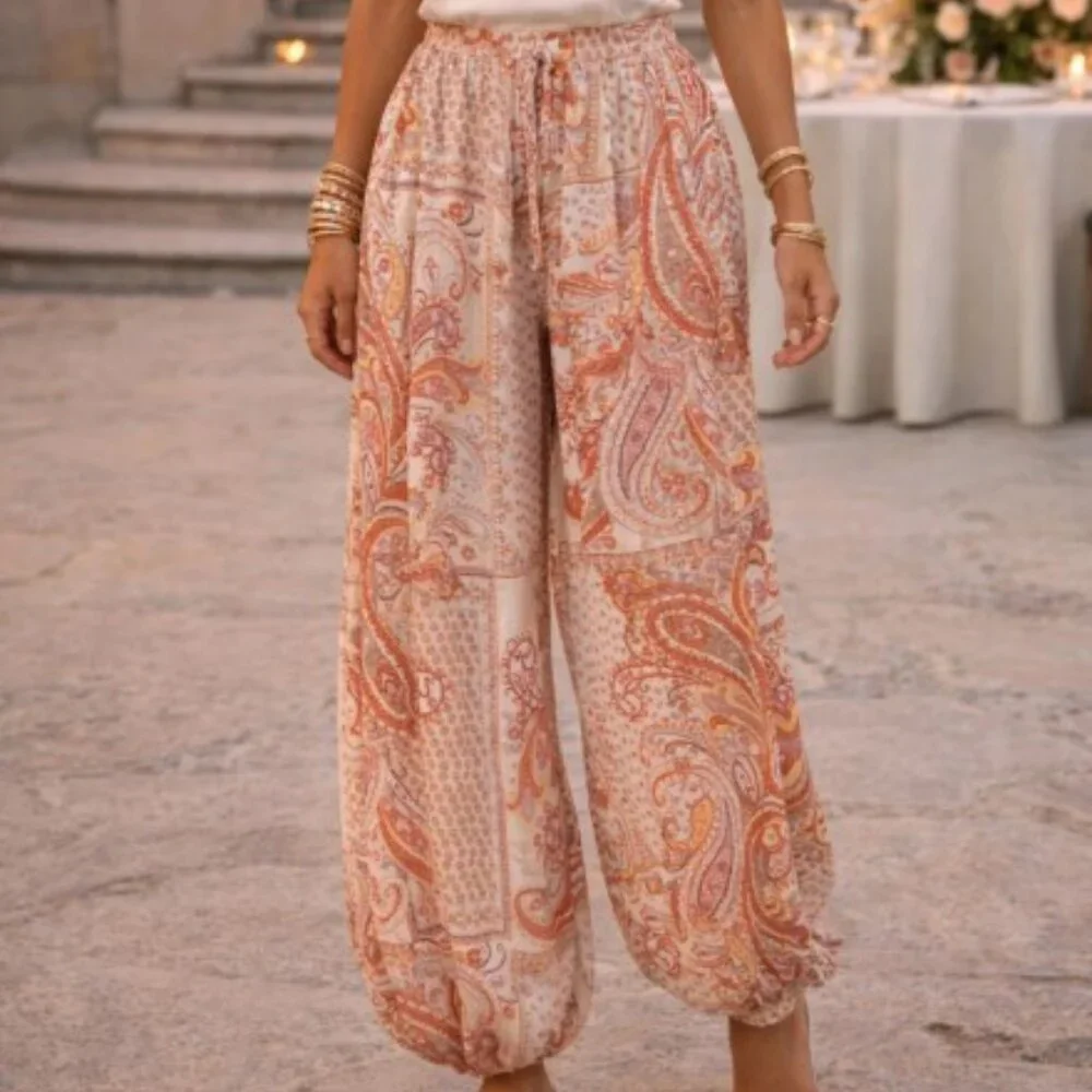 Paisley Elastic-Waist Wide-Leg Trousers - Cream & Orange - Picture 2 of 2